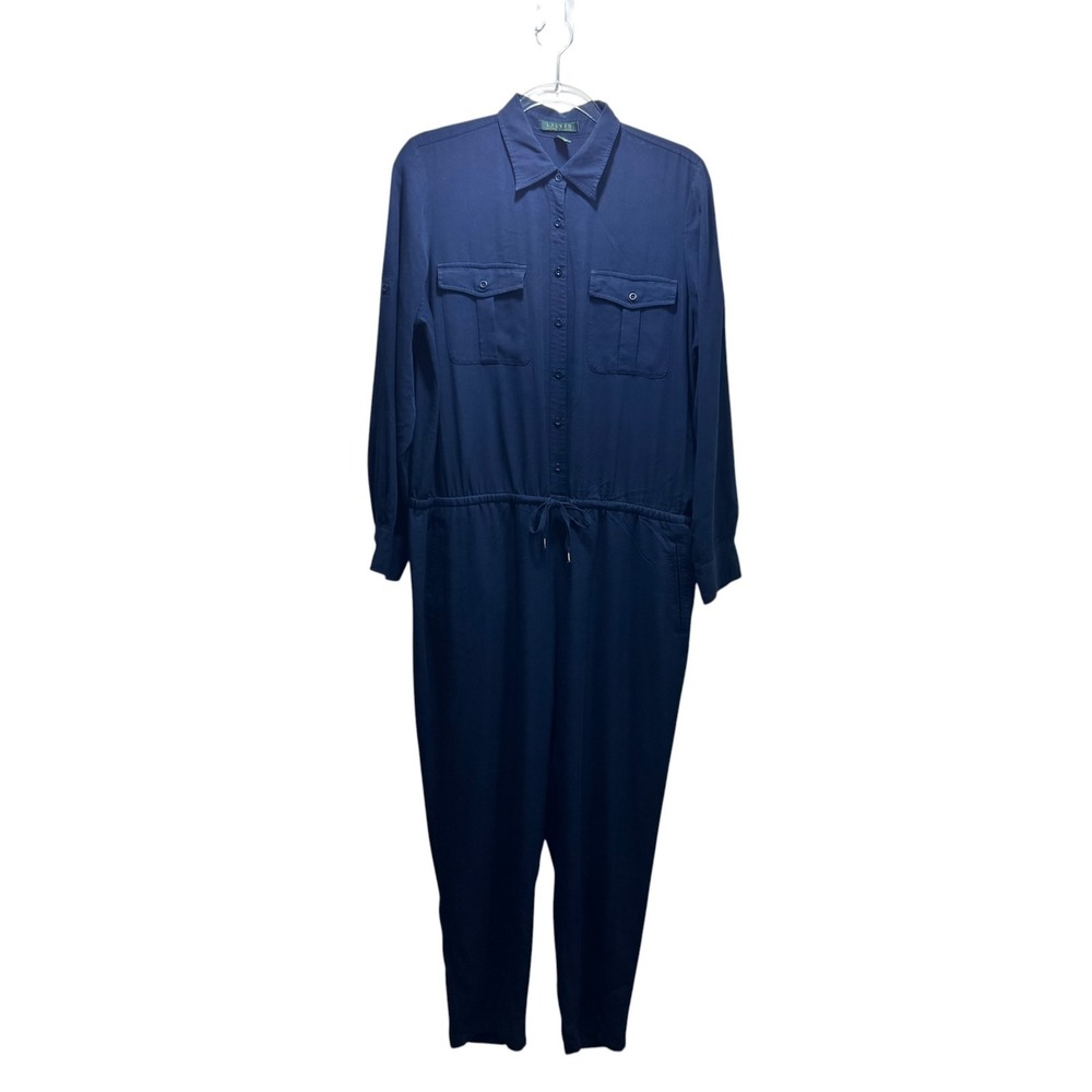 Ralph Lauren Gorpcore Utility Button Front Drawstring Jumpsuit Women 14 Navy